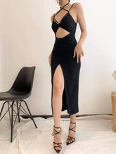 Silk halterneck cut-out midi dress with gathered front slit and strappy open back